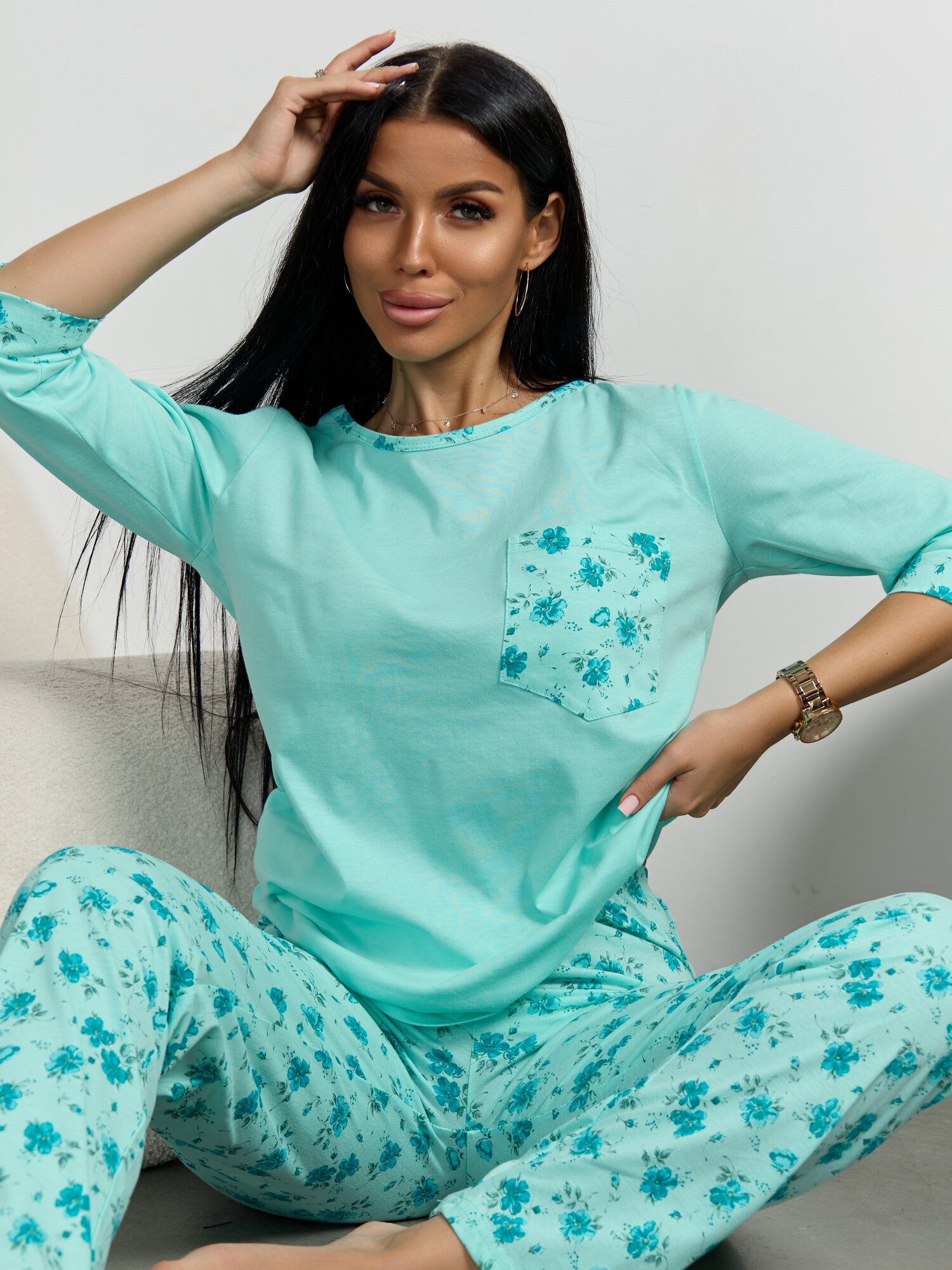 Пижама BUY-TEX.RU женская с брюками, размер 46, зеленый