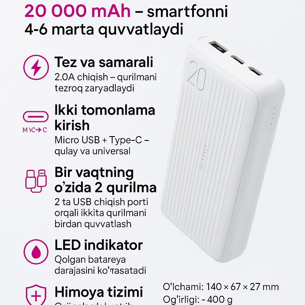 Портативный аккумулятор XO-PB302, белый, 20000мАч, двойной вход, 2 выхода