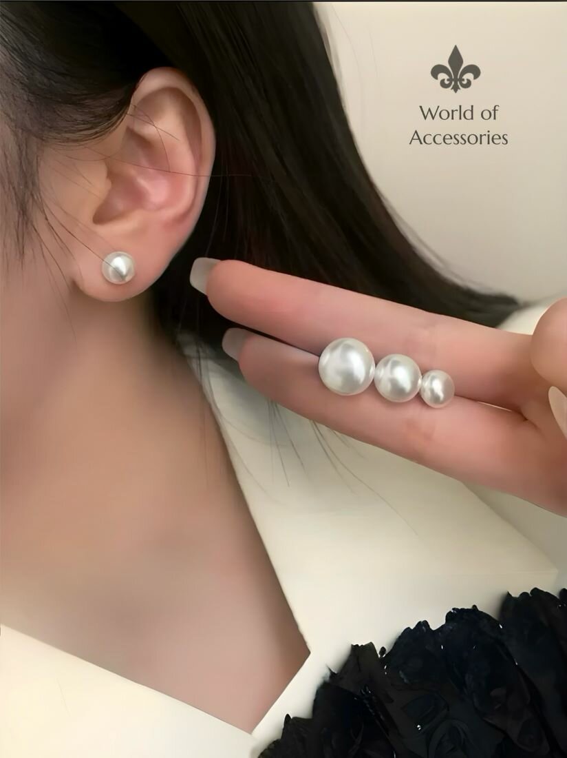 Серьги пусеты World of Accessories, жемчуг имитация, размер 12 мм, перламутровый — фото 1