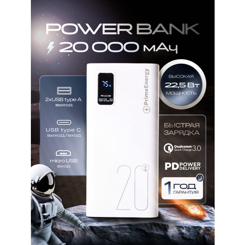 Повербанк power bank 20000mah с быстрой зарядкой внешний аккумулятор для телефона iPhone Xiaomi Samsung белый 316000₽