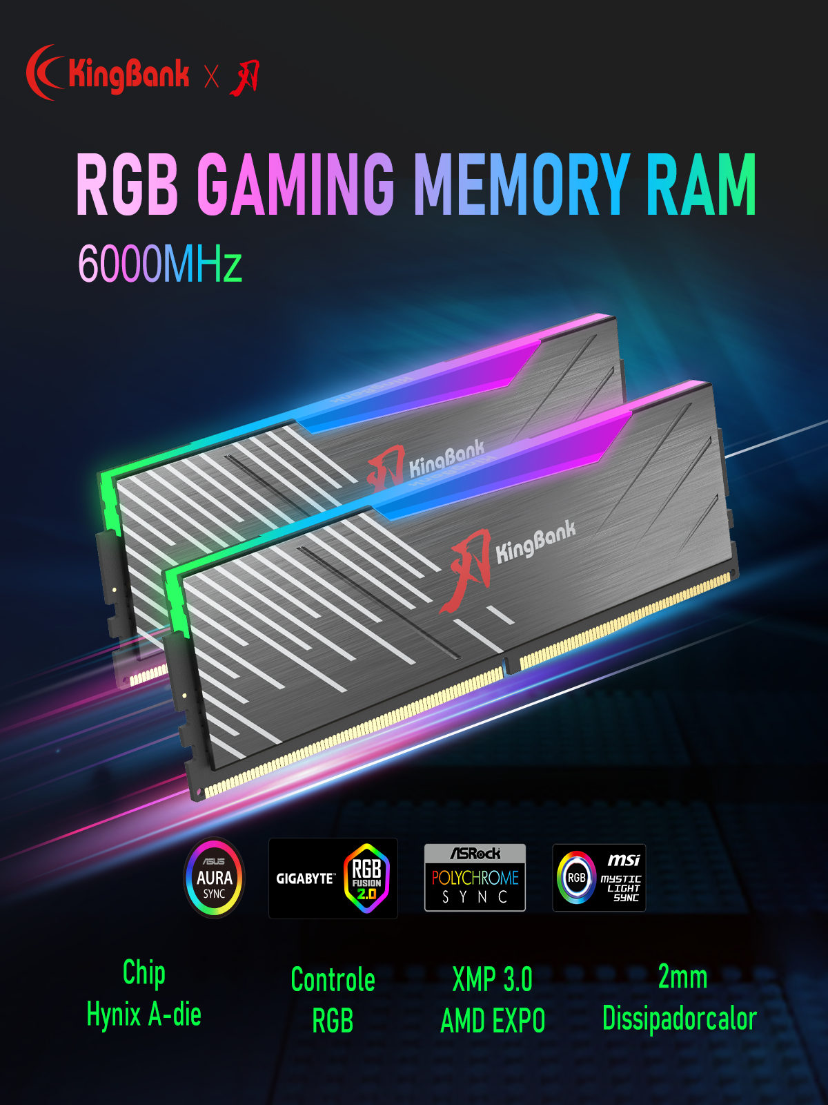 Kingbank Оперативная память Dark Soarblade RGB DDR5 UDIMM 6000MHz 2*16GB Drak Heatsink (Hynix A-die C28) — фото 1