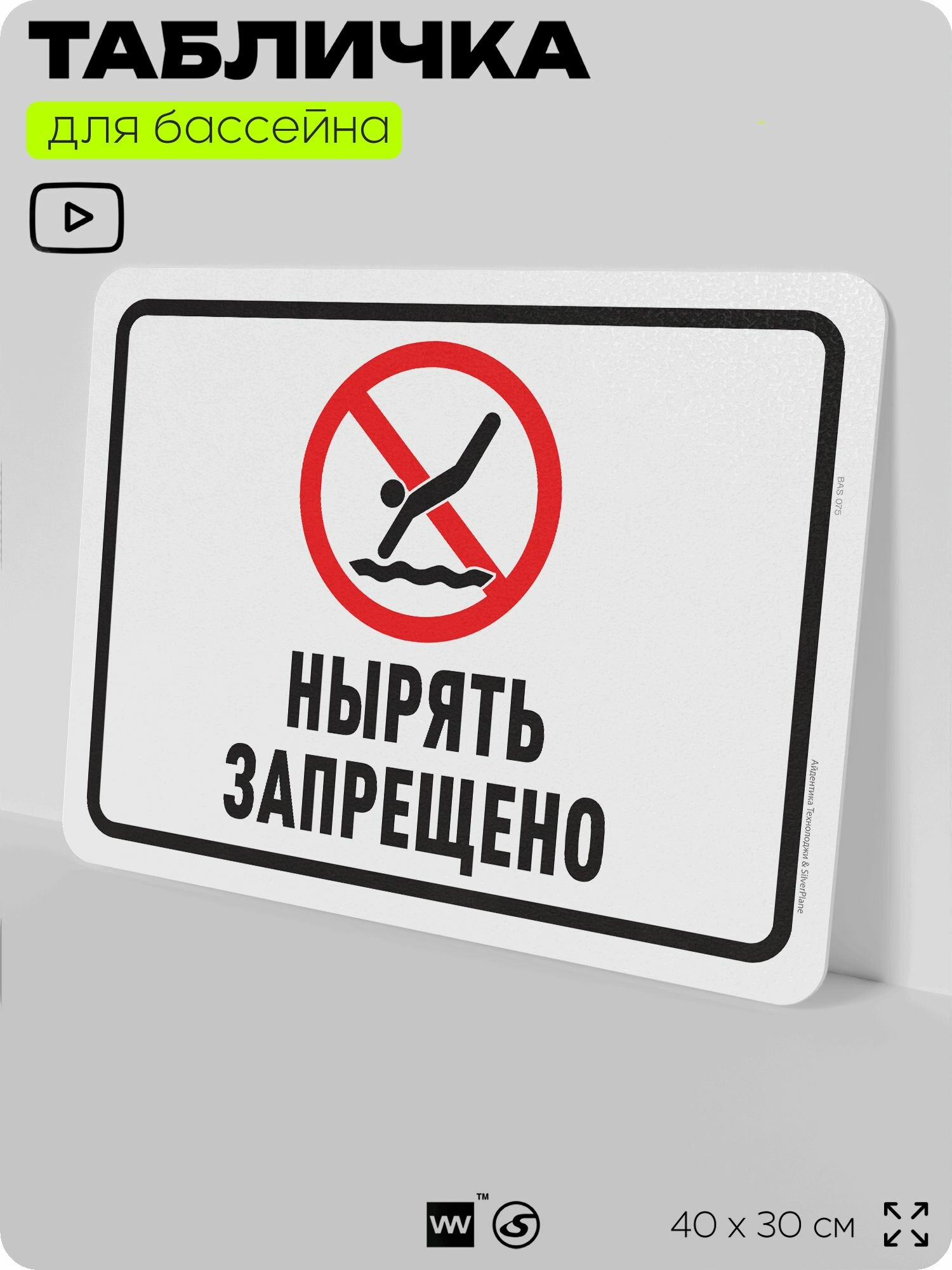 Табличка для бассейна "Нырять запрещено", на пляж, для общественной и частной зоны отдыха, информационная, 40х30 см, Silver Plane x Айдентика Технолоджи