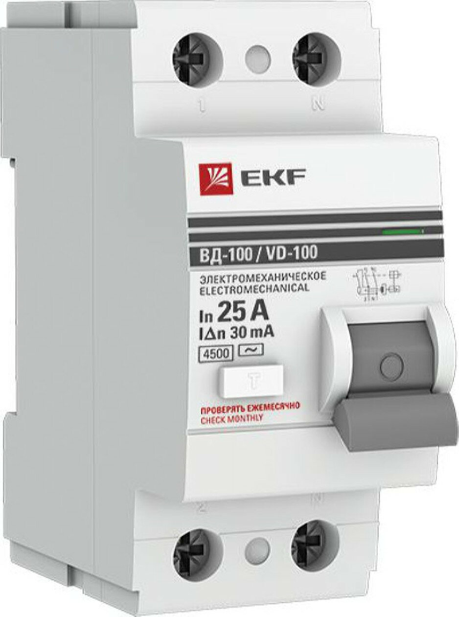 Дифференциальный выключатель EKF 2P 25A 30mA 4500A IP20 на DIN-рейку