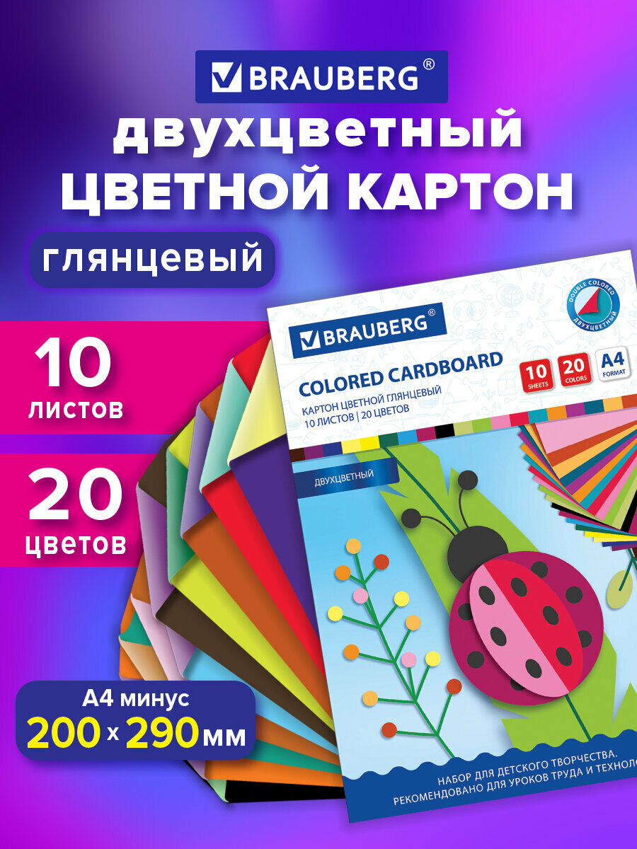 Картон цветной А4 для творчества 2-цветный Мелованный 10 листов 20 цветов в папке Brauberg 200х290 мм 113553