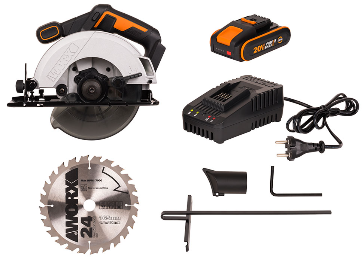 Аккумуляторная дисковая пила Worx WX526, 165 мм, 20 В, АКБ 2 Ач + ЗУ 2А, коробка