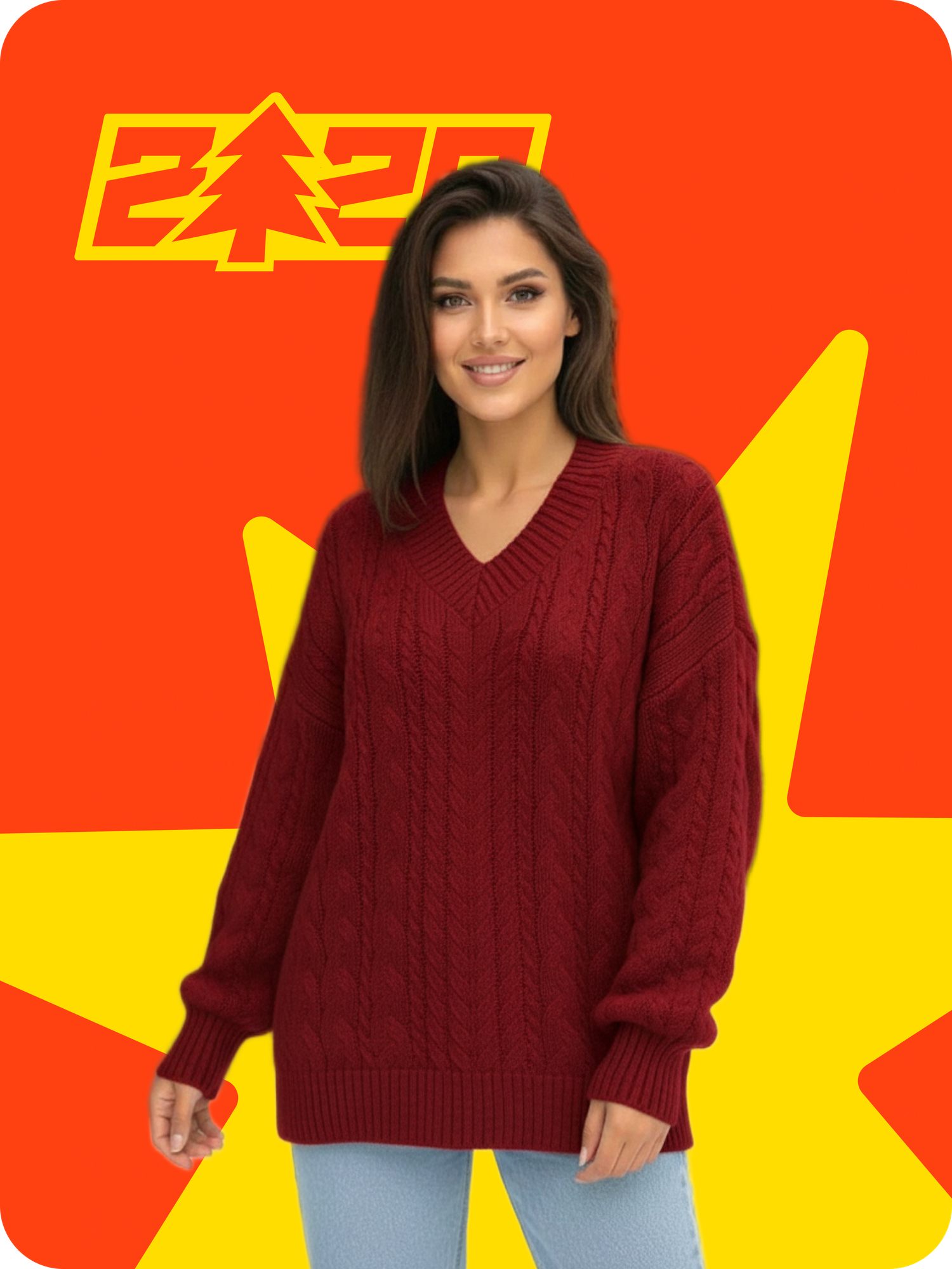 Свитер  Женский объёмный свитер с фактурной вязкой и V-образным вырезом, размер OneSize, , красный