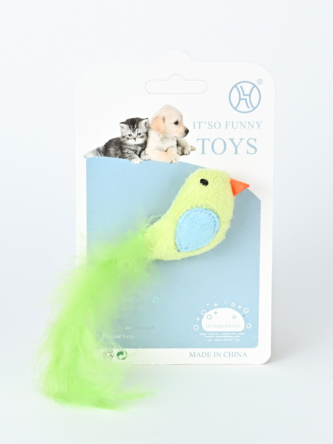 Игрушка для кошек "Птичка с перышком", в виде птицы, для охотничьих инстинктов, зеленая — фото 1