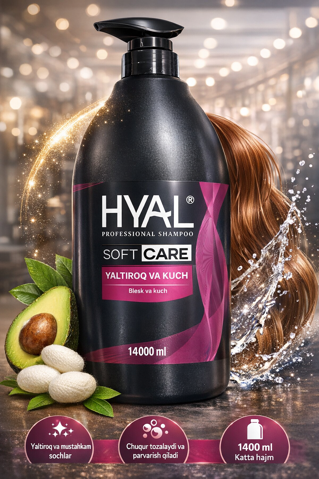 HYAL Шампунь профессиональный блеск И сила для всех типов волос , 1400 мл