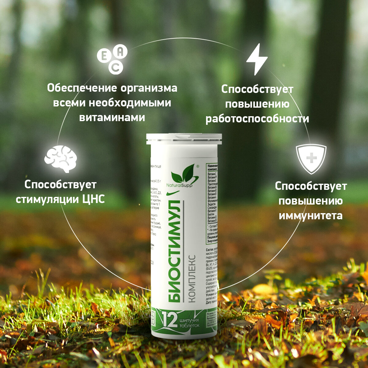 Изображение БАД Биостимул NaturalSupp Для иммунитета, работоспособности 12 шипучих таблеток