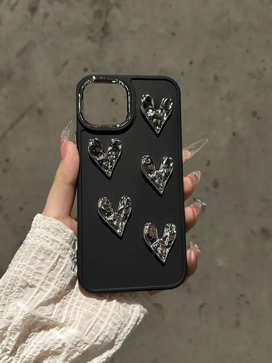 Чехол "О'кейси", силикон, с зеркальными сердцами, для iPhone 13, чёрный