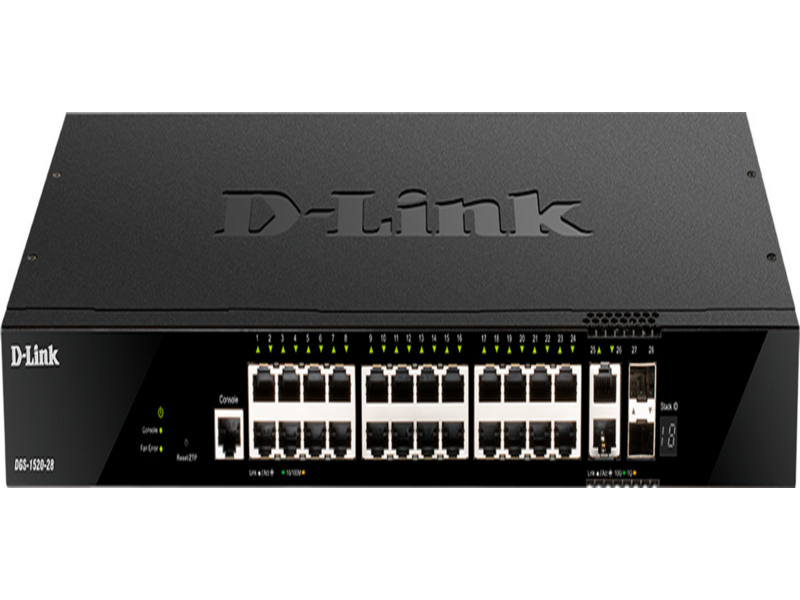 Коммутатор коммутатор/ DGS-1520-28, DGS-1520-28/A1A Managed L3 Stackable Switch 24x1000Base-T, 2x10GBase-T, 2x10GBase-T, 2x10GBase-X SFP+, CLI, 1000Base-T Management, RJ45 Console