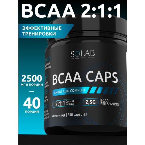 BCAA 2:1:1 в капсулах, SOLAB, незаменимые аминокислоты, БЦАА 240 капсул, 40 порций