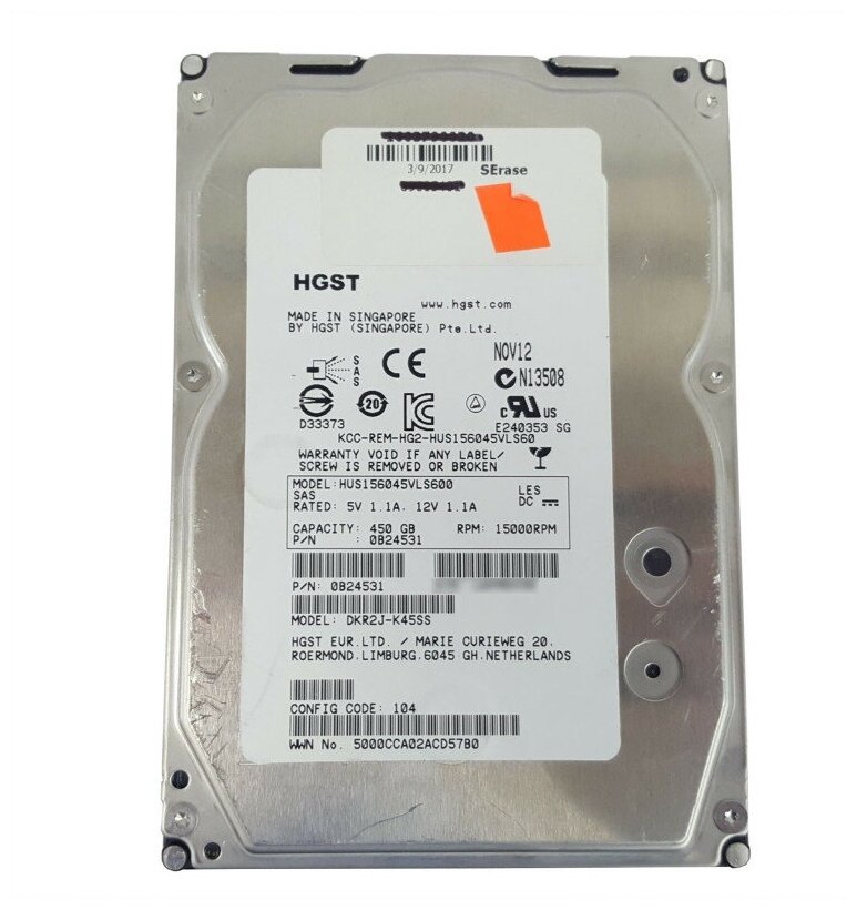 Жесткий диск 3,5" 450 Gb HITACHI HUS156045VLS600 SAS 6G 15Krpm 64Mb