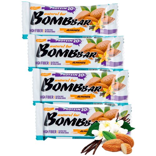 фото Протеиновый батончик bombbar protein bar 4 x 60 g, миндаль-ваниль