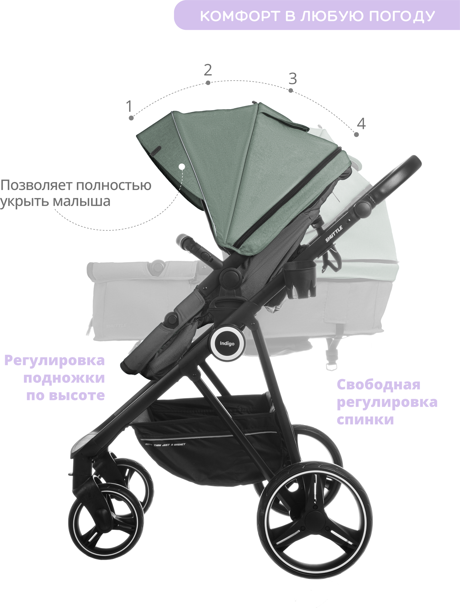 Коляска-трансформер Indigo SHUTTLE универсальная 2 в 1, всесезонная, оливковый-серый