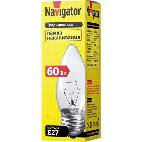 Лампа накаливания navigator 60вт e27 230в 660лм свеча