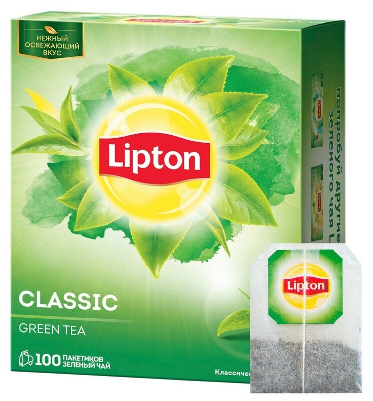 Чай зеленый Lipton Green Classic в пакетиках, классический, зелень, 100 пак.