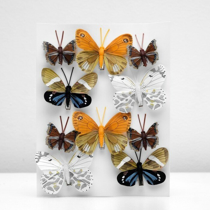 Бабочка для декора и флористики, на прищепке, пластиковая, микс, 1 шт, 4 см и 8 см