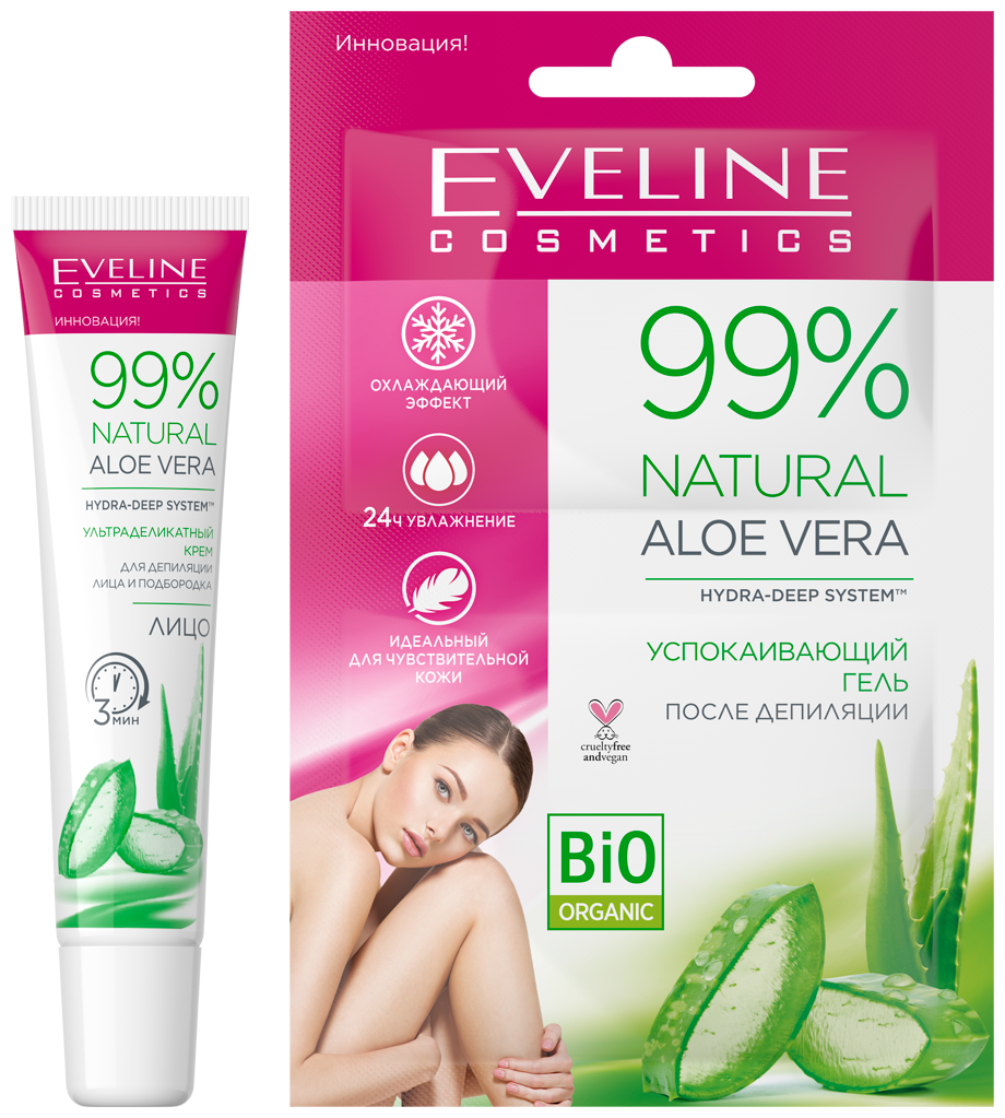 Набор для депиляции лица Eveline 99% Natural Aloe Vera Ультраделикатный (крем+гель после депиляции)