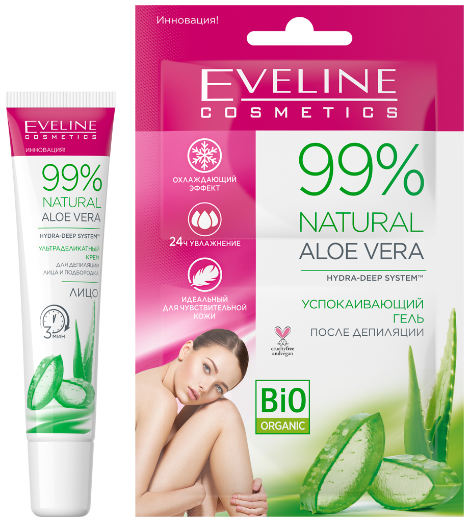 Eveline Депилятор -крем 99% Natural Алоэ для лица и подбородка, 20мл + Гель после депиляции, 2х5мл