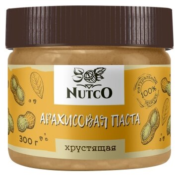 Арахисовая паста NUTCO хрустящая 300 гр. без сахара, со стевией, морской солью и кусочками арахиса - фотография № 1