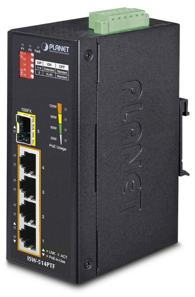 Индустриальный PoE коммутатор Planet Isw-514ptf для монтажа в DIN-рейку IP30 4-Port/TP + 1-Port Fibe .