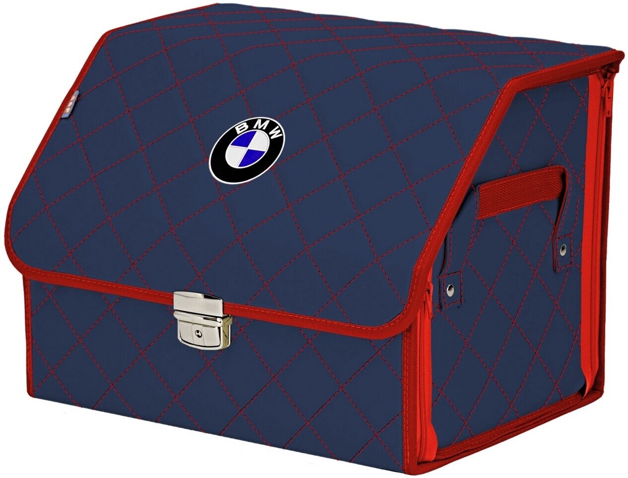 Органайзер-саквояж в багажник "Союз Премиум" (размер M). Цвет: синий с красной прострочкой Ромб и вышивкой BMW (БМВ).