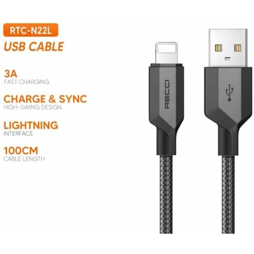 Кабель для зарядки телефона Recci RTC-N22L Giant USB to Lightning 2.4A, 1 метр, черный кабель для зарядки телефона recci rtc n22m giant usb to micro usb 2 4a 1 метр черный