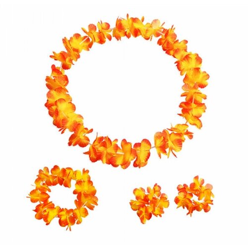 Гавайский набор, цвет оранжевый, 4 предмета: ожерелье лея, венок, 2 браслета