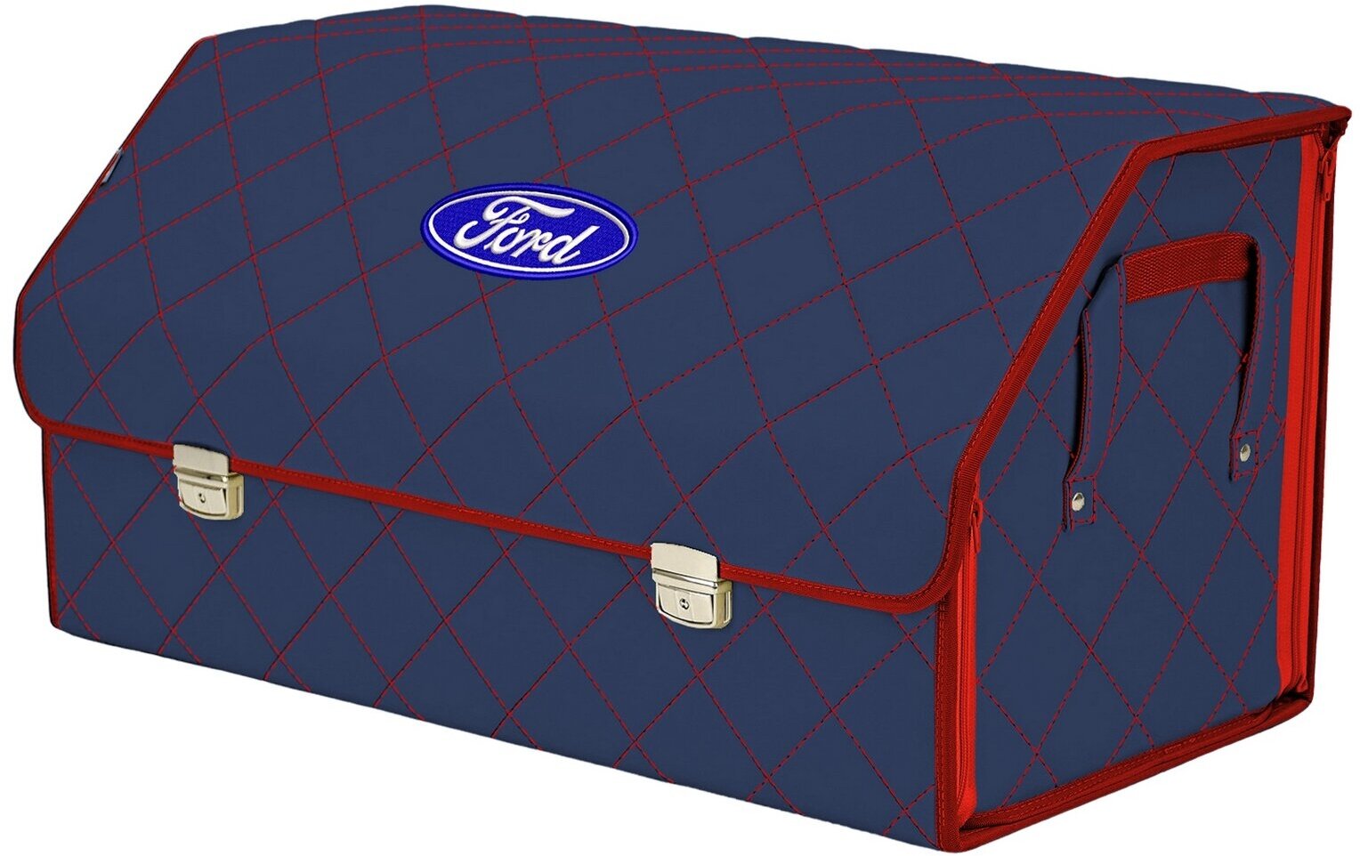 Органайзер-саквояж в багажник "Союз Премиум" (размер XL Plus). Цвет: синий с красной прострочкой Ромб и вышивкой Ford (Форд).