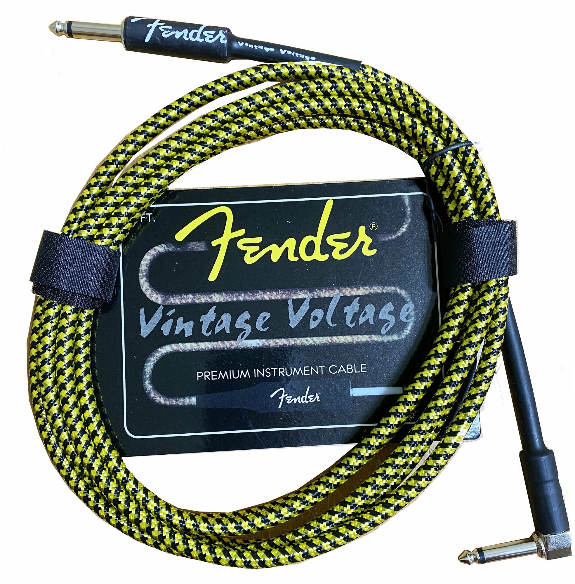 фото Шнур для подключения электрогитары к усилителю Fender, разъёмы джека 6,3 прямой/угловой, длина 3 метра, желтый