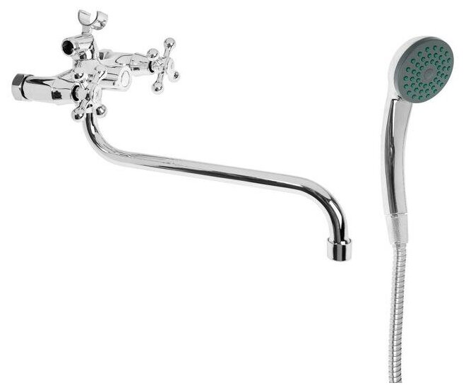 фото Cмеситель для ванны Accoona A7176, двухрычажный, излив 300 мм, с душевым набором, хром