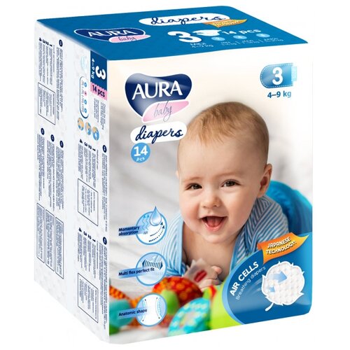 Подгузники одноразовые для детей Aura Baby 3/M 4-9 кг small-pack 14шт