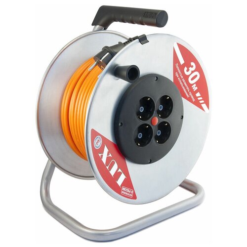 Удлинитель силовой LUX К4-Е-30, розеток 4шт, 3x1.5 кв. мм, 16A, 30м, ПВС, катушка металлическая [40130]