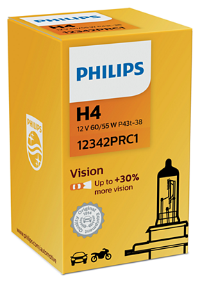 Лампа автомобильная галогенная Philips Vision +30% 12342PRC1 H4 12V 60/55W P43t-38 1 шт.
