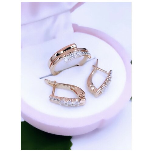 Комлпект бижутерии из дубайского золота КТ728 белые цирконы: серьги кольцо р.16