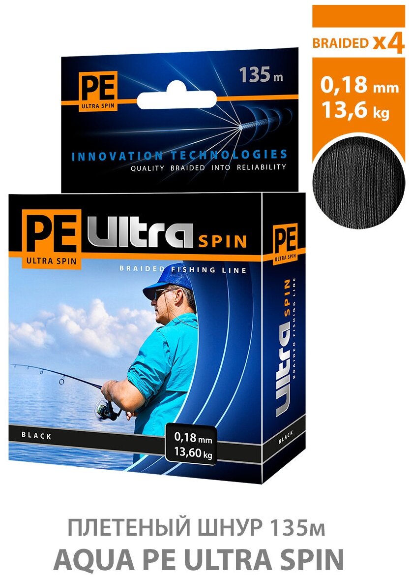 Плетеный шнур для рыбалки AQUA PE ULTRA SPIN Black 0,18mm 135m, цвет - черный, test - 13,60kg