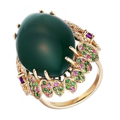 фото Jv кольцо из золота 585 пробы с агатом, бриллиантами, сапфирами и цветными полудрагоценными камнями hf05000r-ygagp-ps-mc-zag-yg, размер 17.5