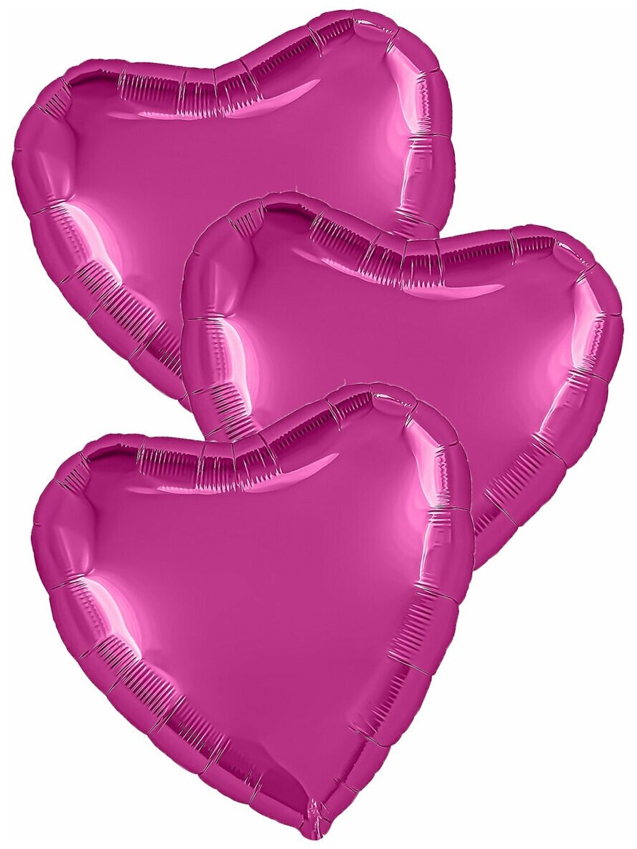 Воздушные шары фольгированные Agura Сердца, Металлик, Фуксия, 46 см, набор 3 шт