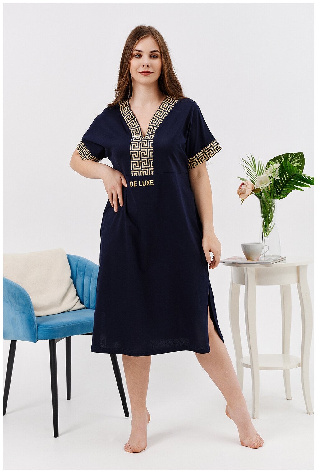 Женское повседневное/домашнее платье темно-синего цвета, размер 48 - фотография № 7