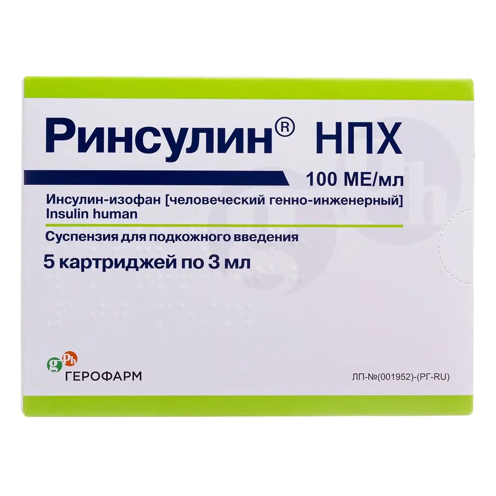 Ринсулин НПХ суспензия для п/к введ 100 ме/мл 3 мл картриджи 5 шт