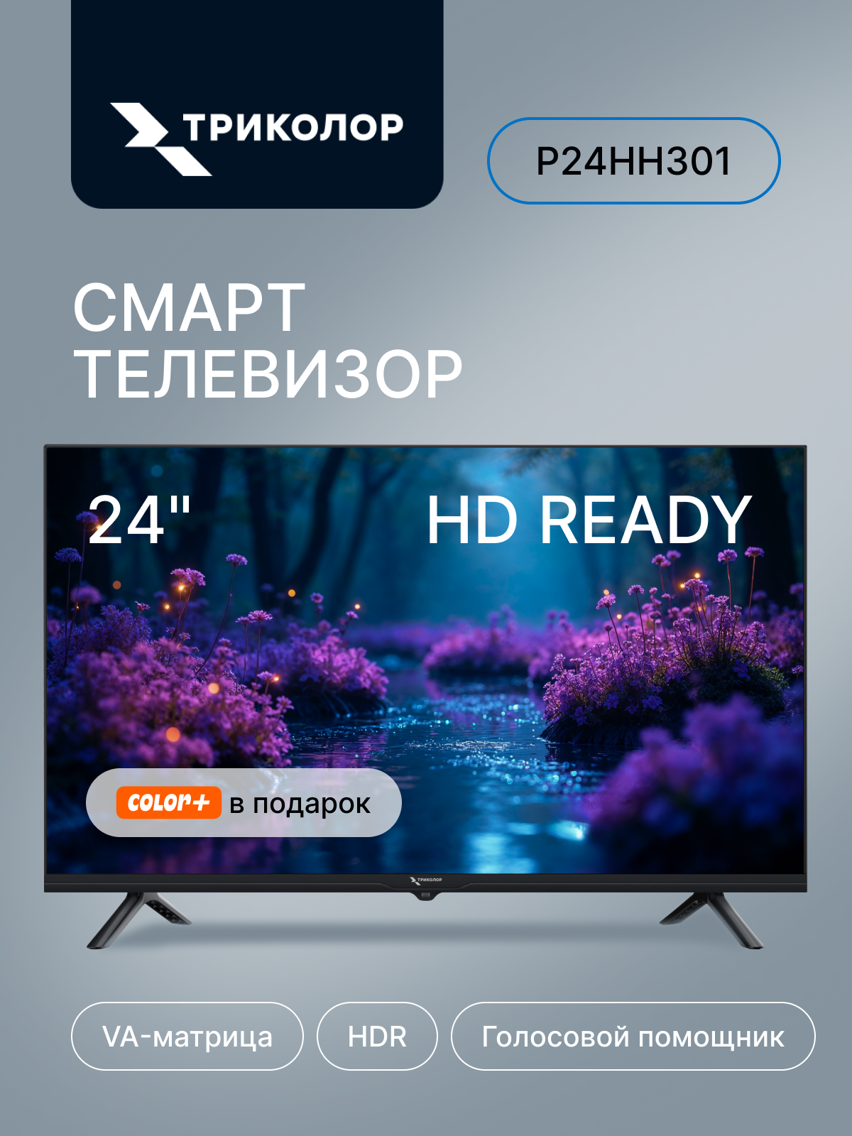 Телевизор Триколор P24HH301, SMART TV, 24", голос, черный