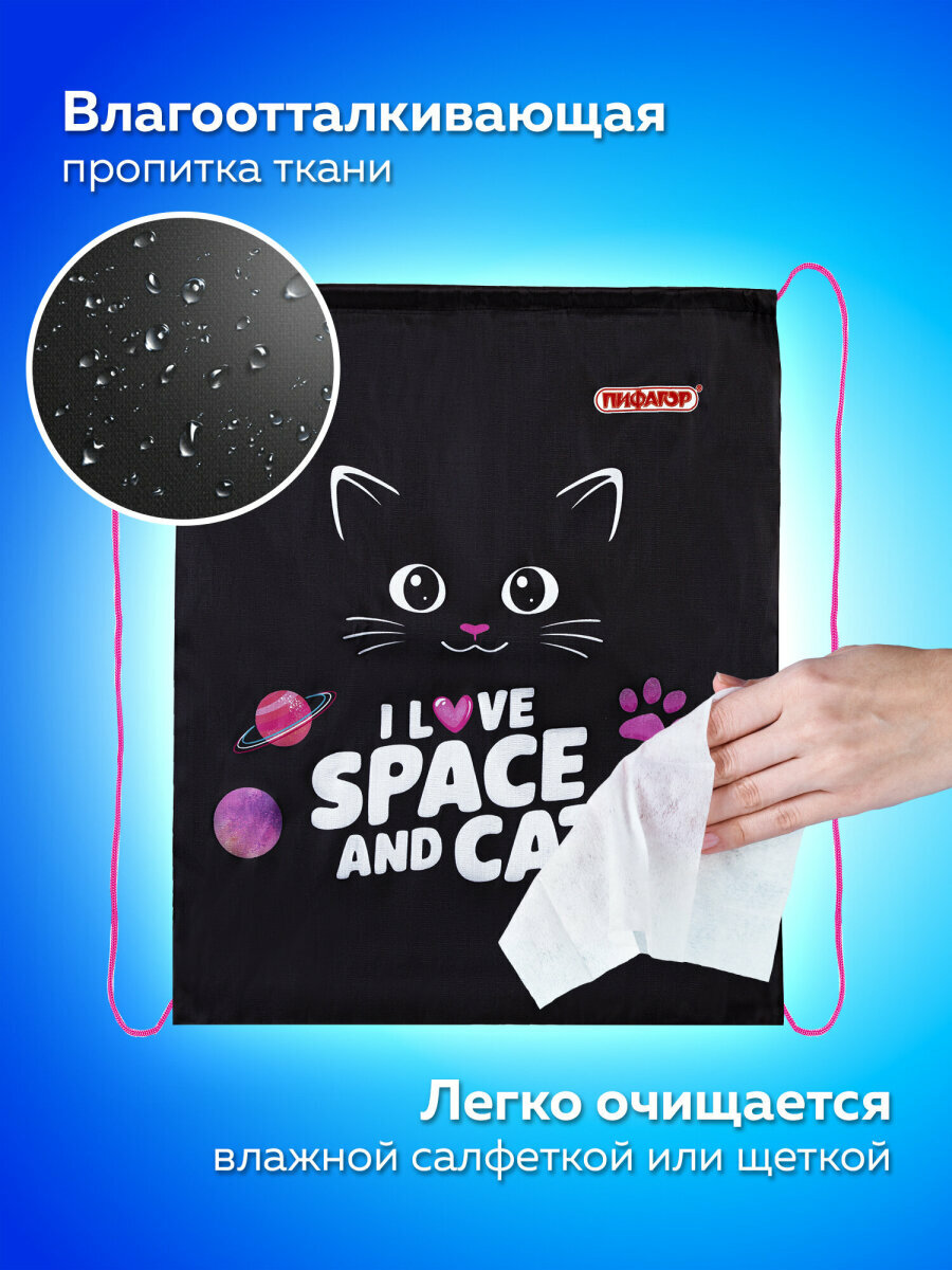 Мешок для обуви, сумка для сменки в школу, чехол детский плотный, 42х34 см, 1 отделение, Пифагор, 273419 — фото 1