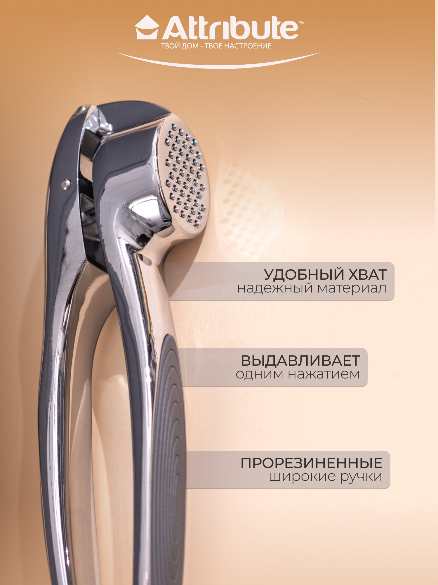 Пресс для чеснока, чеснокодавилка ATTRIBUTE GADGET "QUANTUM", нержавеющая сталь — фото 1