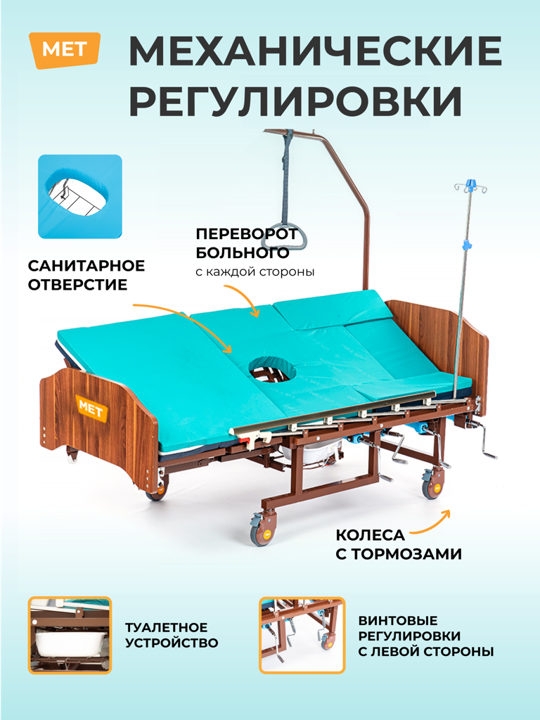 Изображение Кровать медицинская для лежачих больных MET REMEKS механическая с переворотом, туалетом и матрасом
