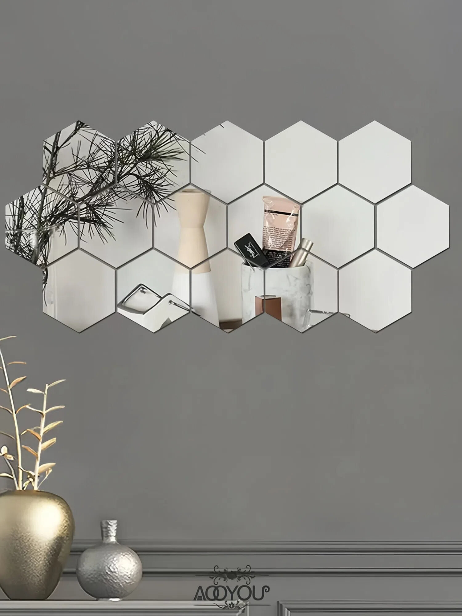 3D Наклейки Сканди шестигранные зеркальные Лофт: +30% пространства! Для хрущевки Прихожая/Ванная/Спальня (серебро）