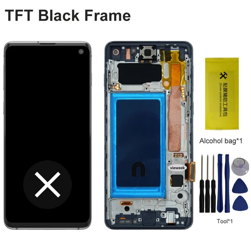 TFT-экран для Samsung Galaxy S10 ЖК-дисплей G973F G973U G973W G973U1 Дисплей Сенсорная панель Дигитайзер в сборе Замена с рамкой, Black With Frame
