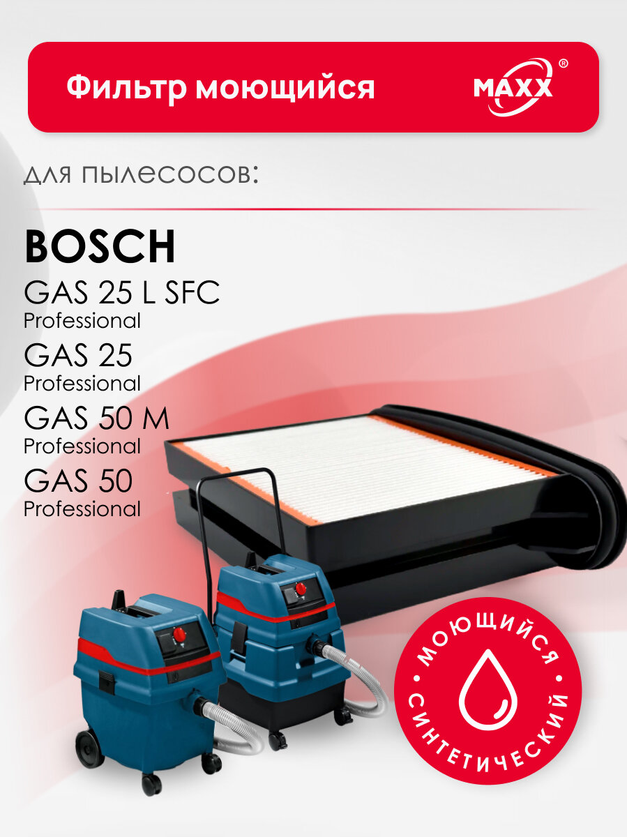 Фильтр MAXX складчатый синтетический, моющийся для пылесоса Bosch GAS 25 L SFC, Bosch GAS 50
