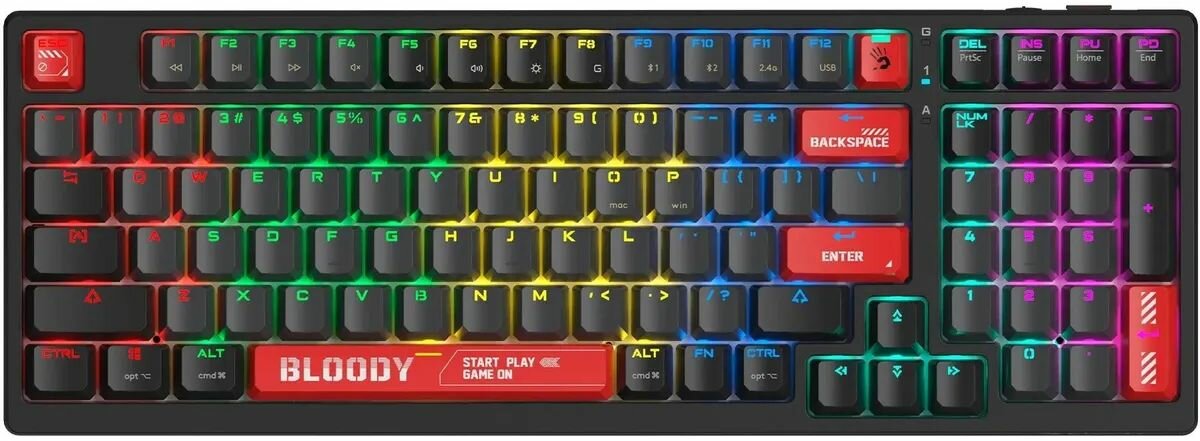 Клавиатура A4Tech Bloody WS98 Black беспроводная (BT/Radio), механическая, переключатели BLMS Red Plus, цифровой блок, подсветка клавиш, USB