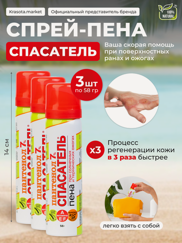 Изображение товара Набор 3 шт: Пантенол 7% мини-формат, спрей-пена спасатель от ожогов 3 шт по 58 г